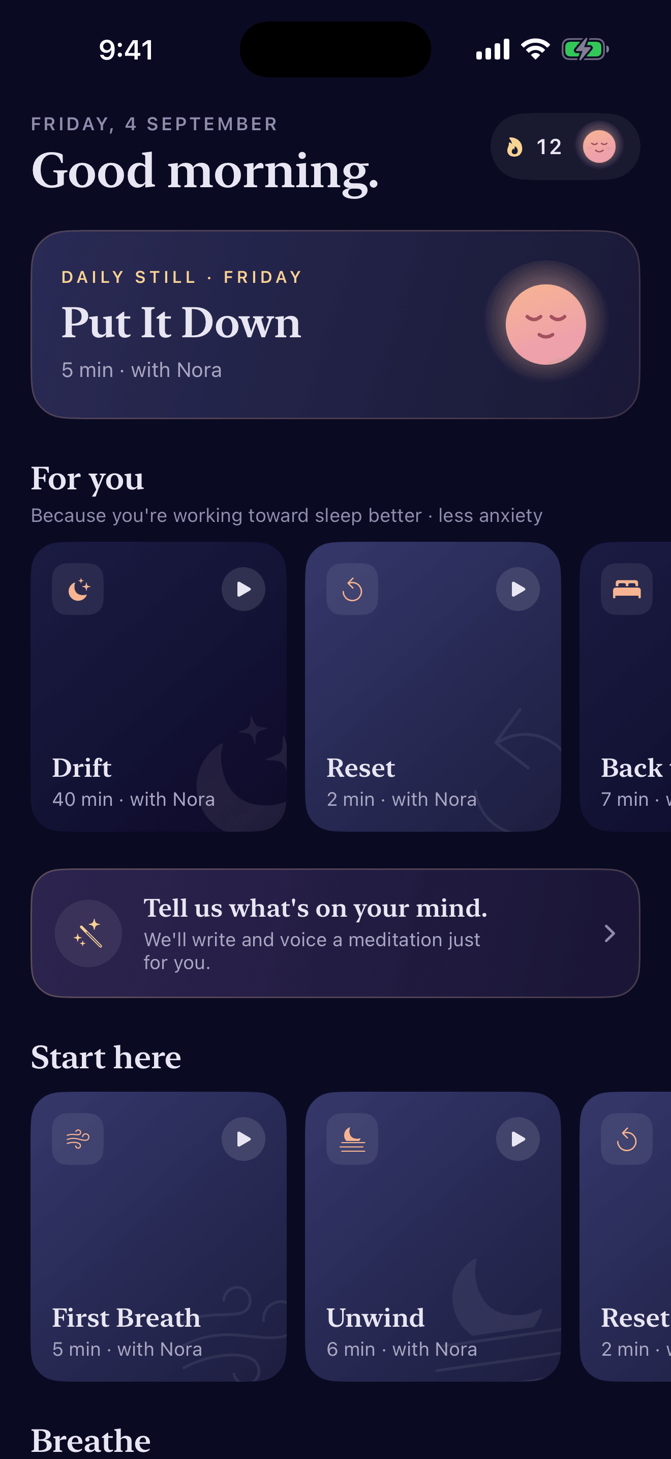 The Still home screen with the Daily Still practice and a personalized For you row