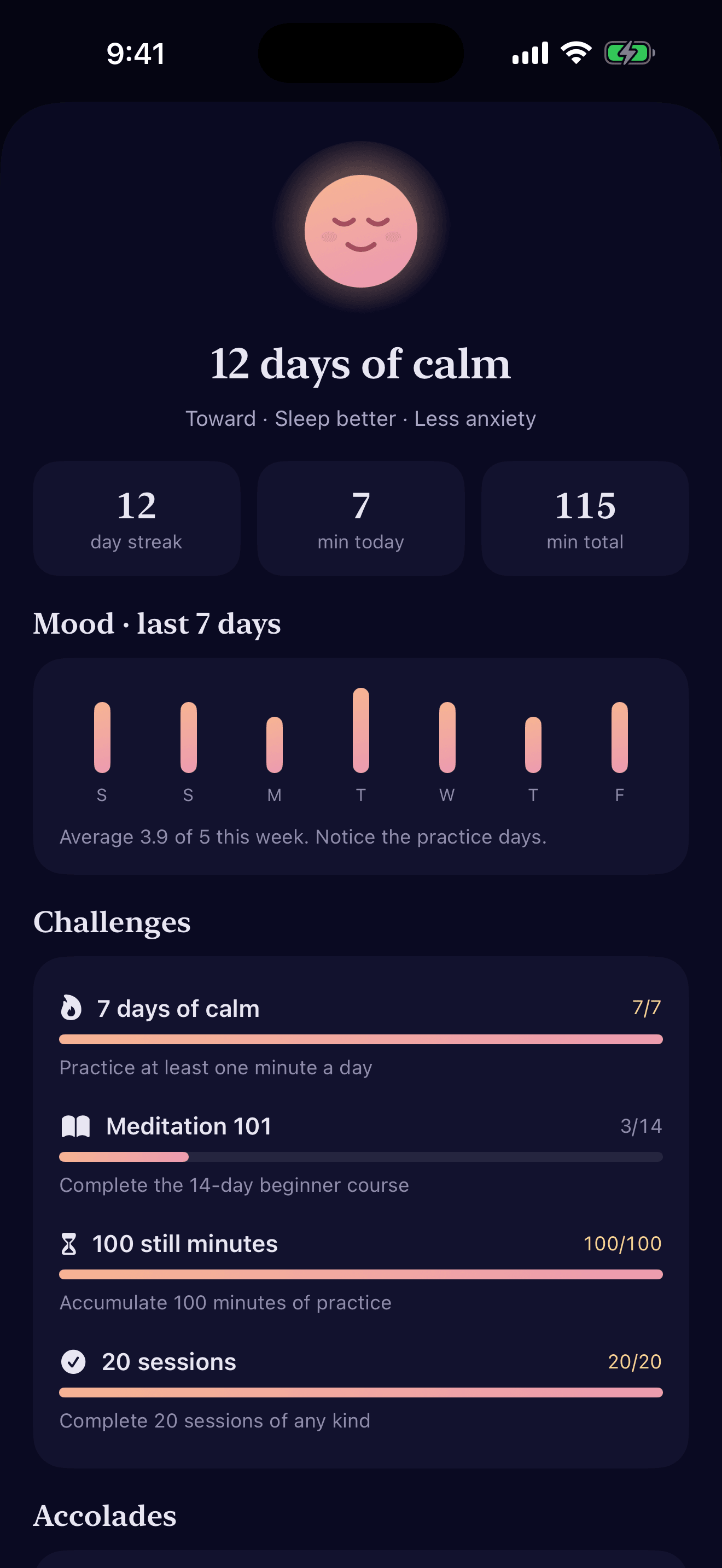 The Still profile page with streaks, mood trends, challenges and accolades